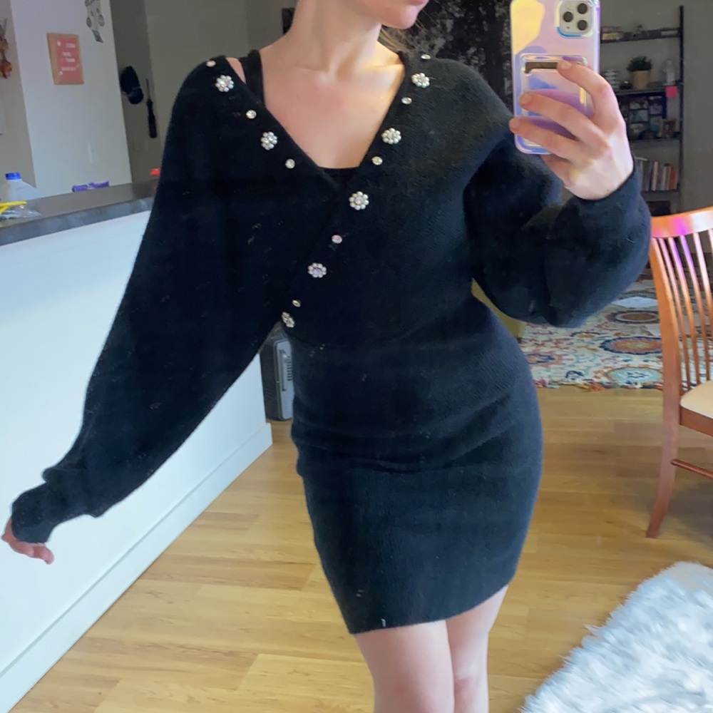 Rhinestone & Pearl Neckline Bodycon Sweater Dress